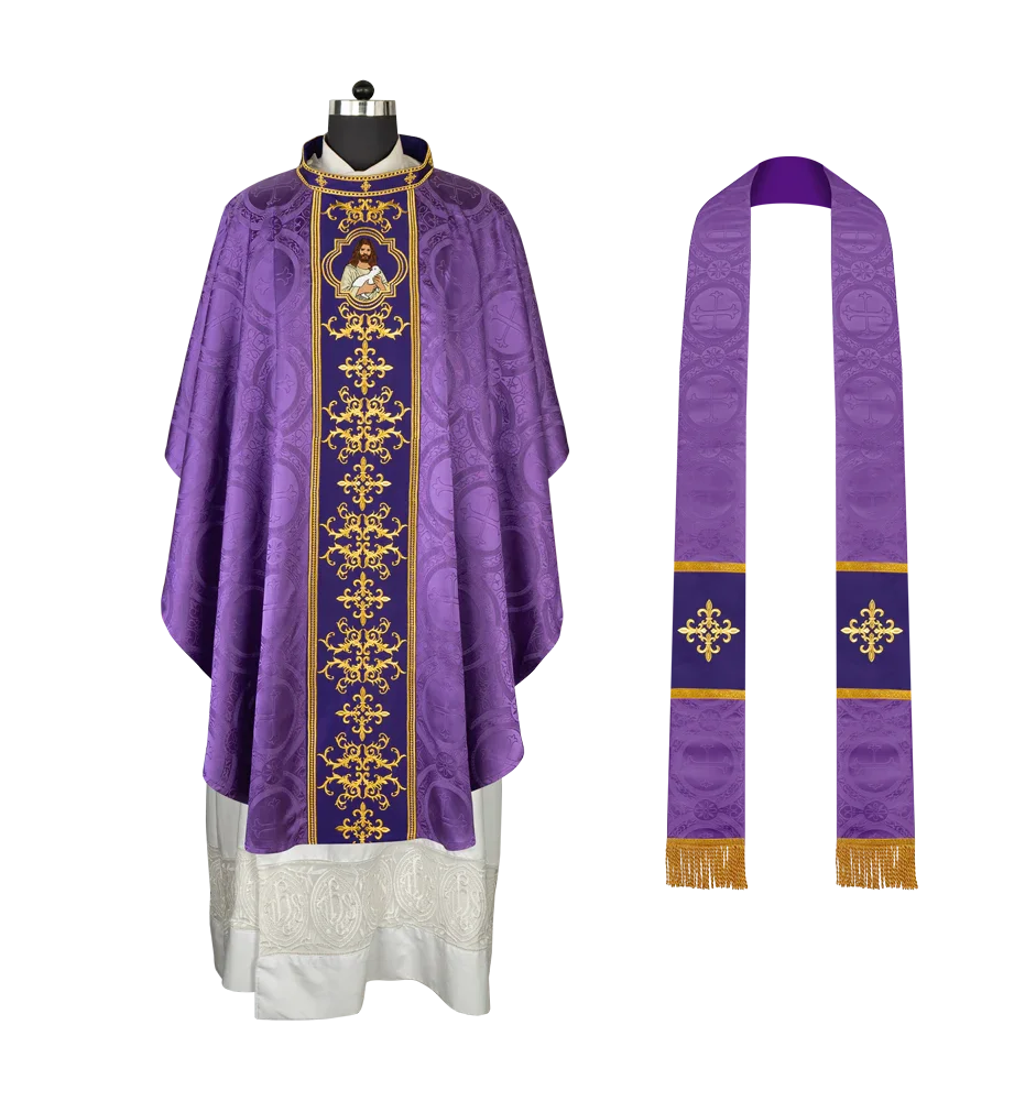 Liturgical Chasuble with Intricate Embroidery of Jesus and the Lamb