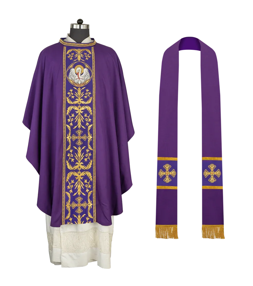 Gothic Chasuble with Ornate Pelican and Cross Embroidery