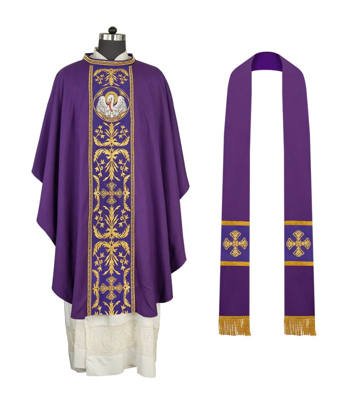 Gothic Chasuble with Ornate Pelican and Cross Embroidery