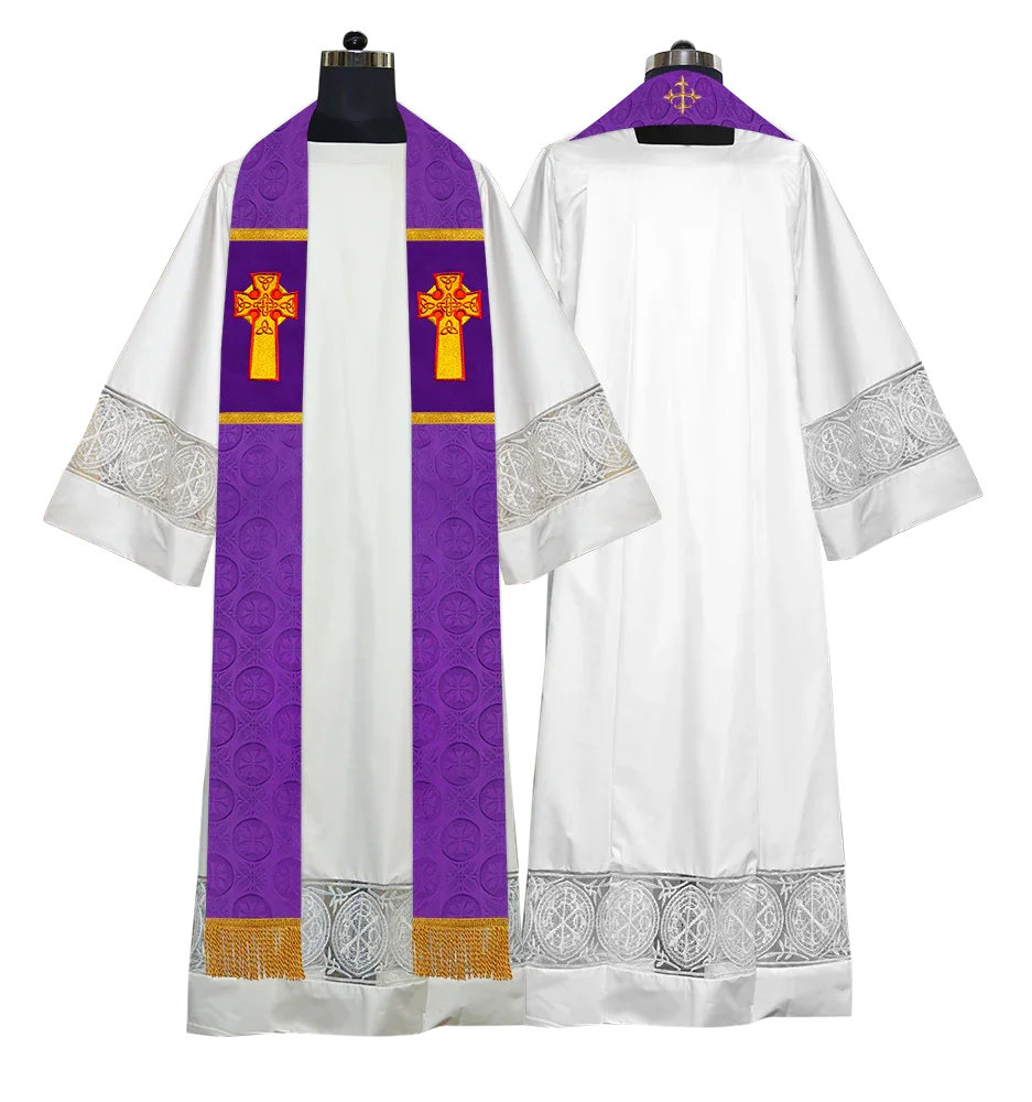 Liturgical Stole Adorned with Embroidered Cross Motif