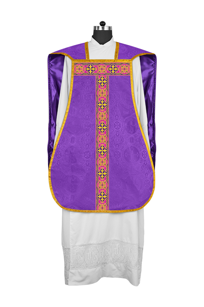 Vestidura romana con espalda de violín, motivos y ribetes trenzados 