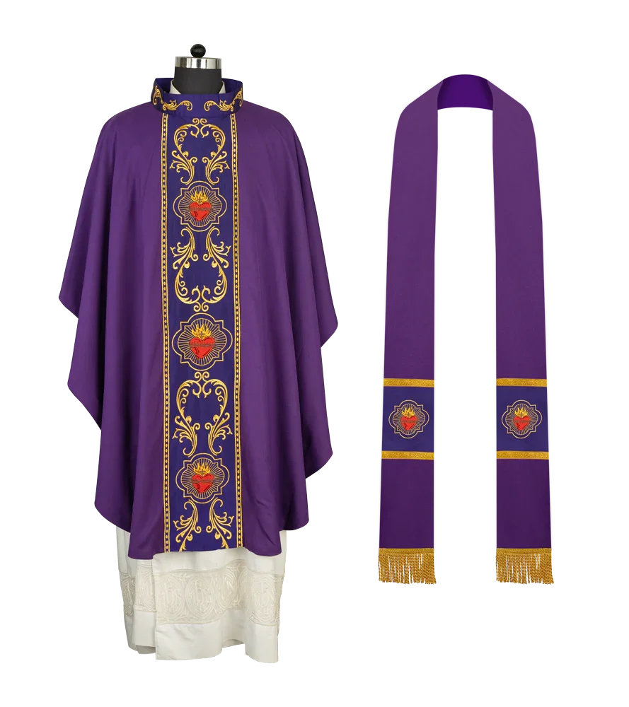 Gothic Style Chasuble with Sacred Heart Embroidered Orphrey