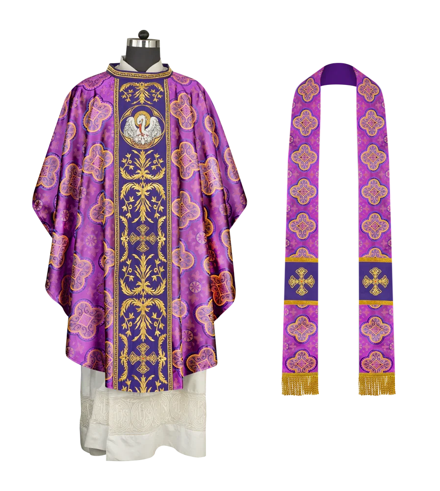 Gothic Chasuble with Ornate Pelican and Cross Embroidery