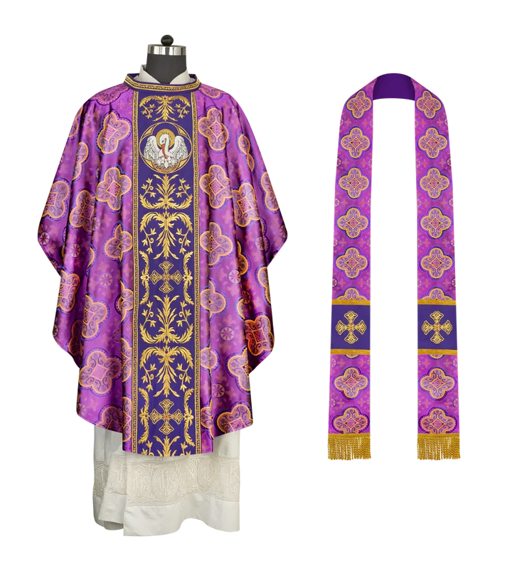 Gothic Chasuble with Ornate Pelican and Cross Embroidery