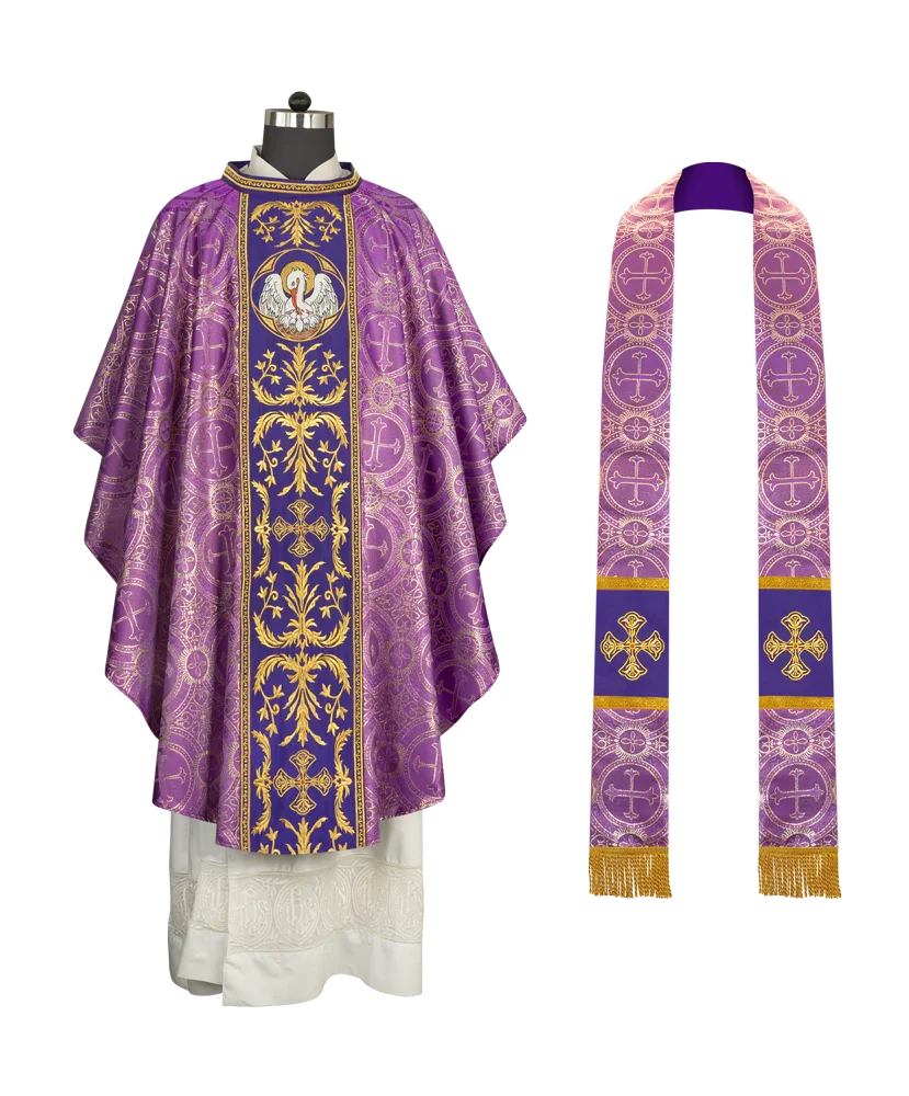 Gothic Chasuble with Ornate Pelican and Cross Embroidery