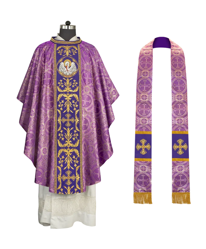 Gothic Chasuble with Ornate Pelican and Cross Embroidery