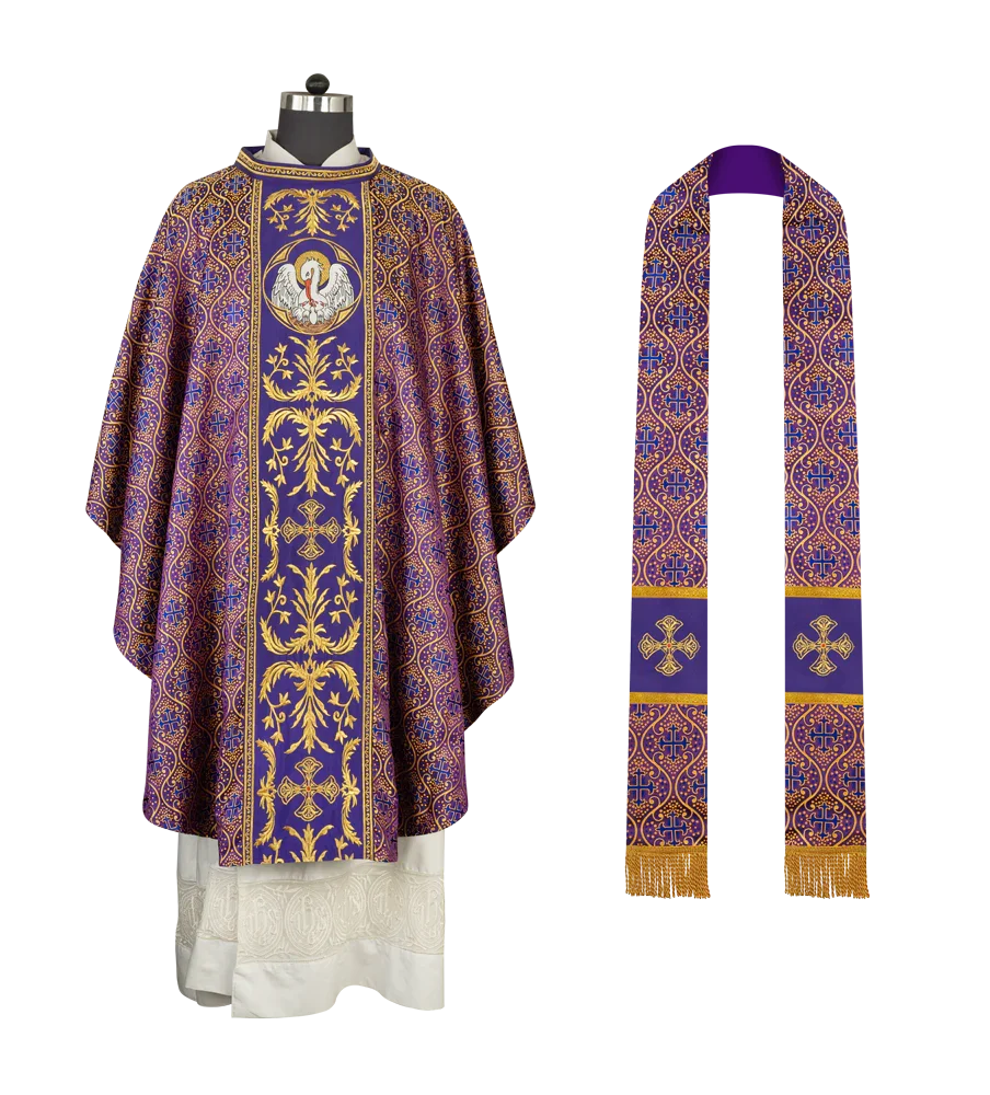 Gothic Chasuble with Ornate Pelican and Cross Embroidery