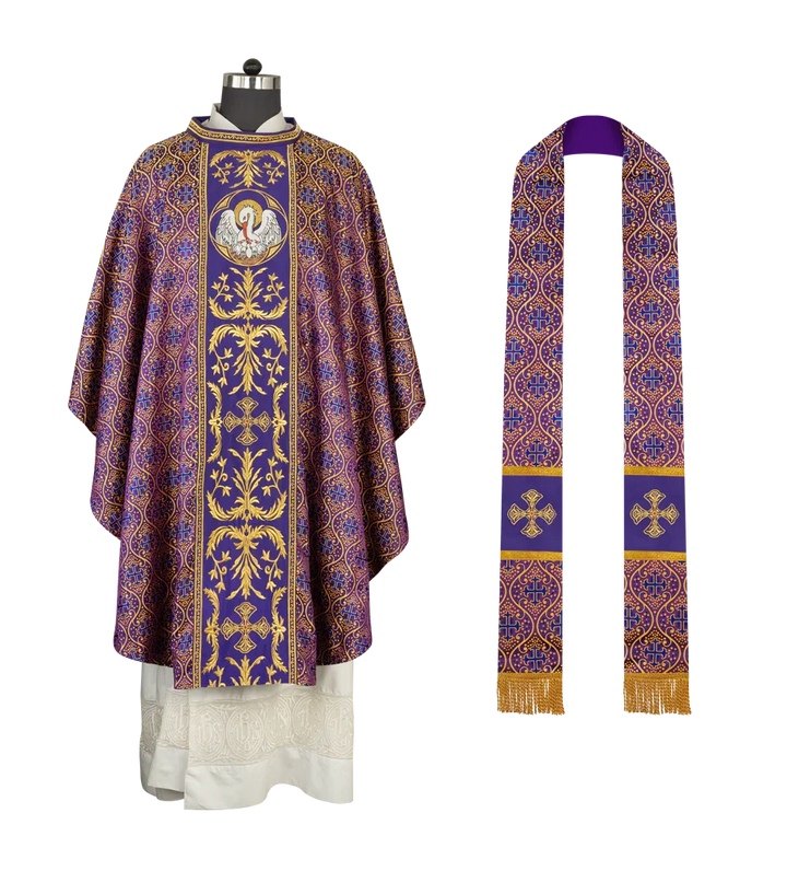 Gothic Chasuble with Ornate Pelican and Cross Embroidery