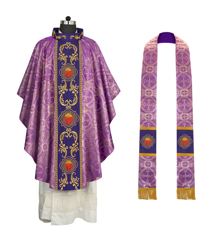 Gothic Style Chasuble with Sacred Heart Embroidered Orphrey