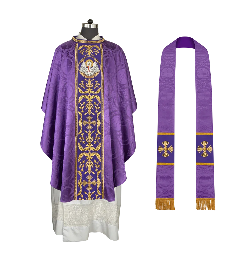Gothic Chasuble with Ornate Pelican and Cross Embroidery