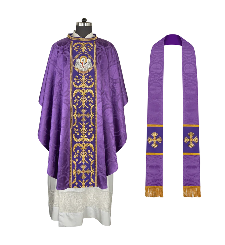 Gothic Chasuble with Ornate Pelican and Cross Embroidery