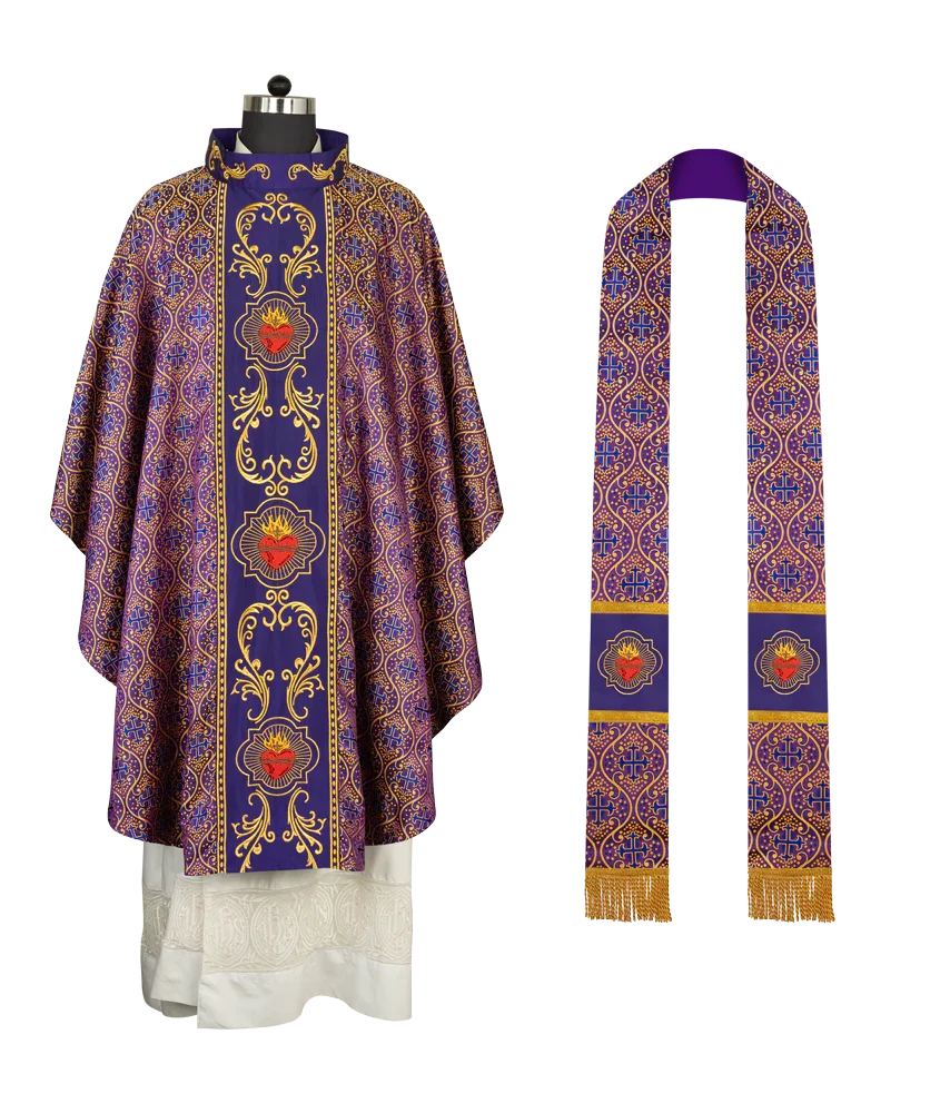 Gothic Style Chasuble with Sacred Heart Embroidered Orphrey