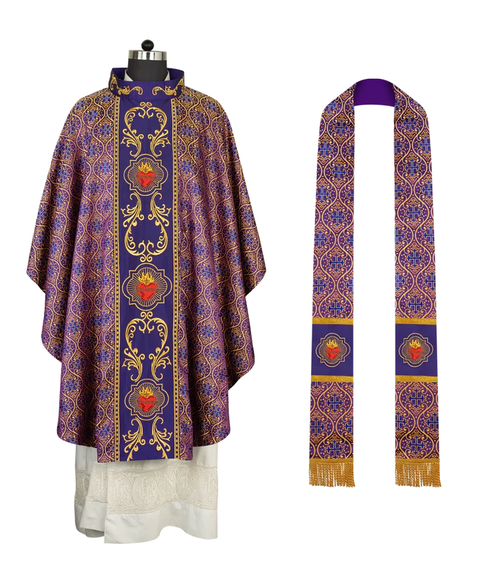 Gothic Style Chasuble with Sacred Heart Embroidered Orphrey