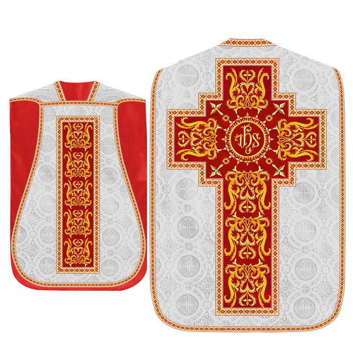 Liturgical Roman Chasuble Vestment With Spiritual Motifs and Trims