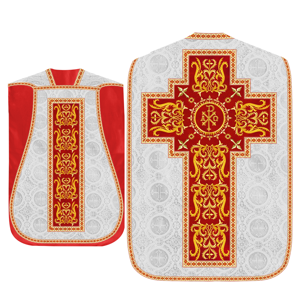 Liturgical Roman Chasuble Vestment With Spiritual Motifs and Trims