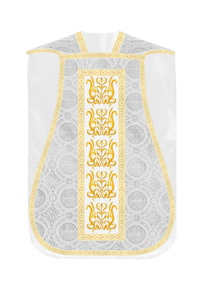 Liturgical Roman Chasuble Vestment With Spiritual Motifs and Trims