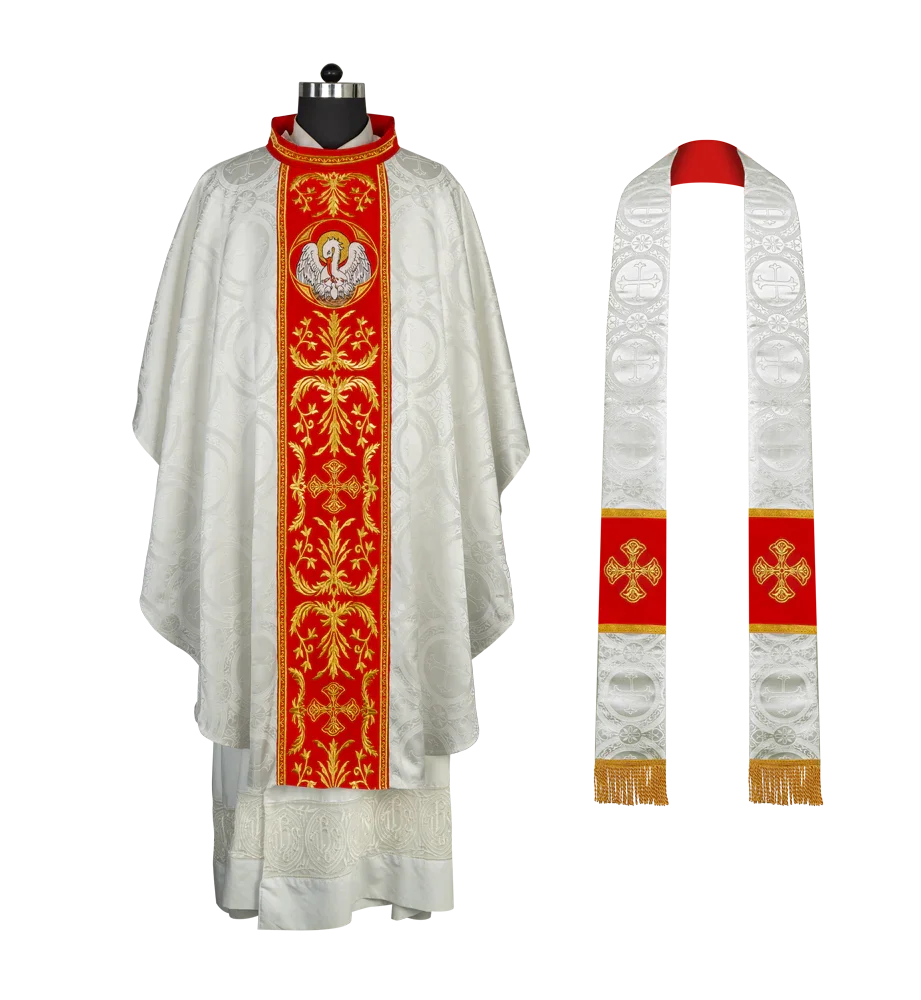 Gothic Chasuble with Ornate Pelican and Cross Embroidery