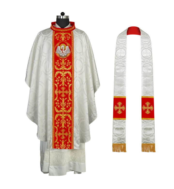 Gothic Chasuble with Ornate Pelican and Cross Embroidery