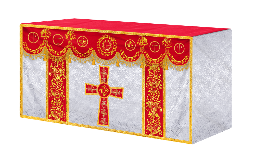 Traditional Altar Cloth Adorned with Embroidered Trims and Motif