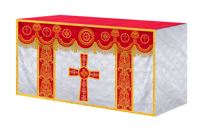 Traditional Altar Cloth Adorned with Embroidered Trims and Motif