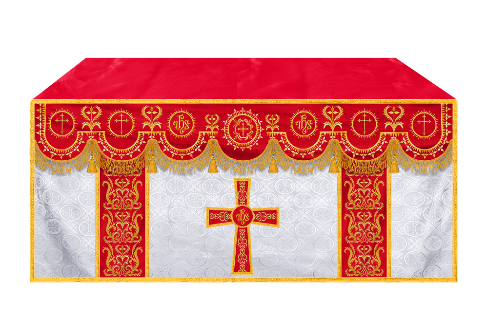 Traditional Altar Table Cloth with Ornate Motif and Embroidered Trims