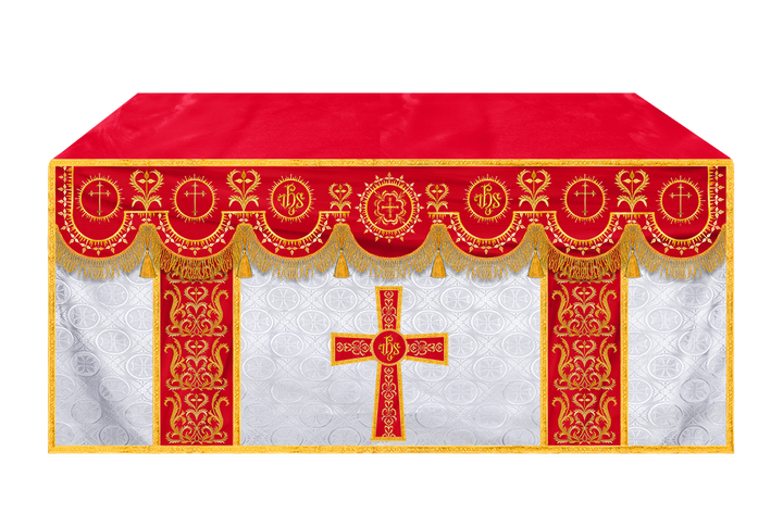 Traditional Altar Table Cloth with Ornate Motif and Embroidered Trims