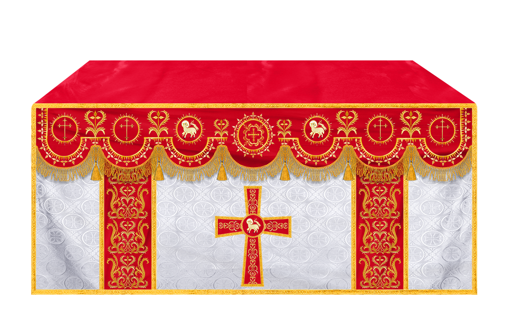 Traditional Altar Table Cloth with Ornate Motif and Embroidered Trims