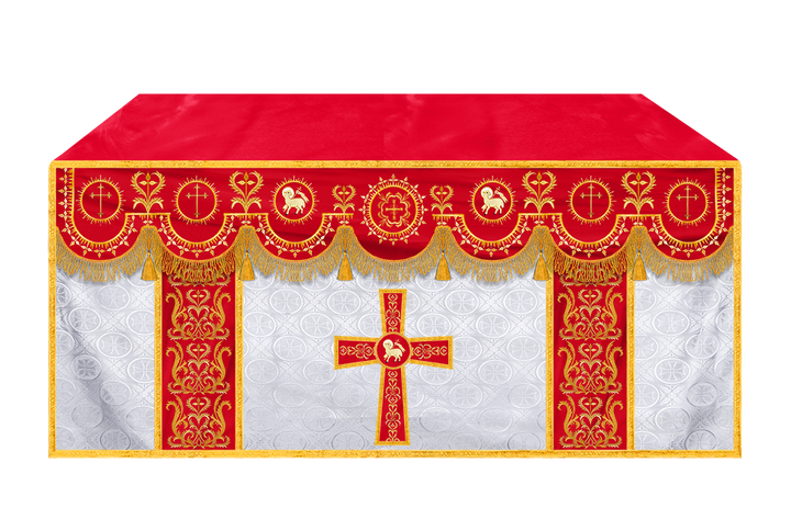 Traditional Altar Table Cloth with Ornate Motif and Embroidered Trims