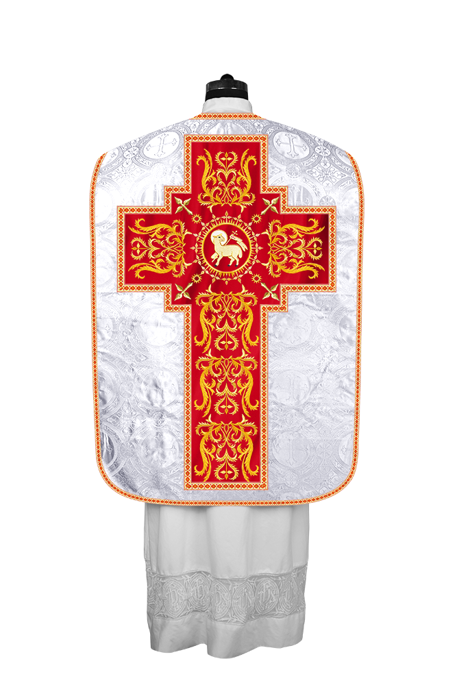 Liturgical Roman Chasuble Vestment With Spiritual Motifs and Trims