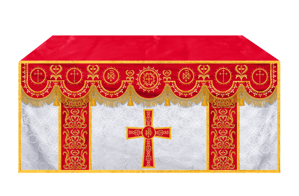 Traditional Altar Table Cloth with Ornate Motif and Embroidered Trims