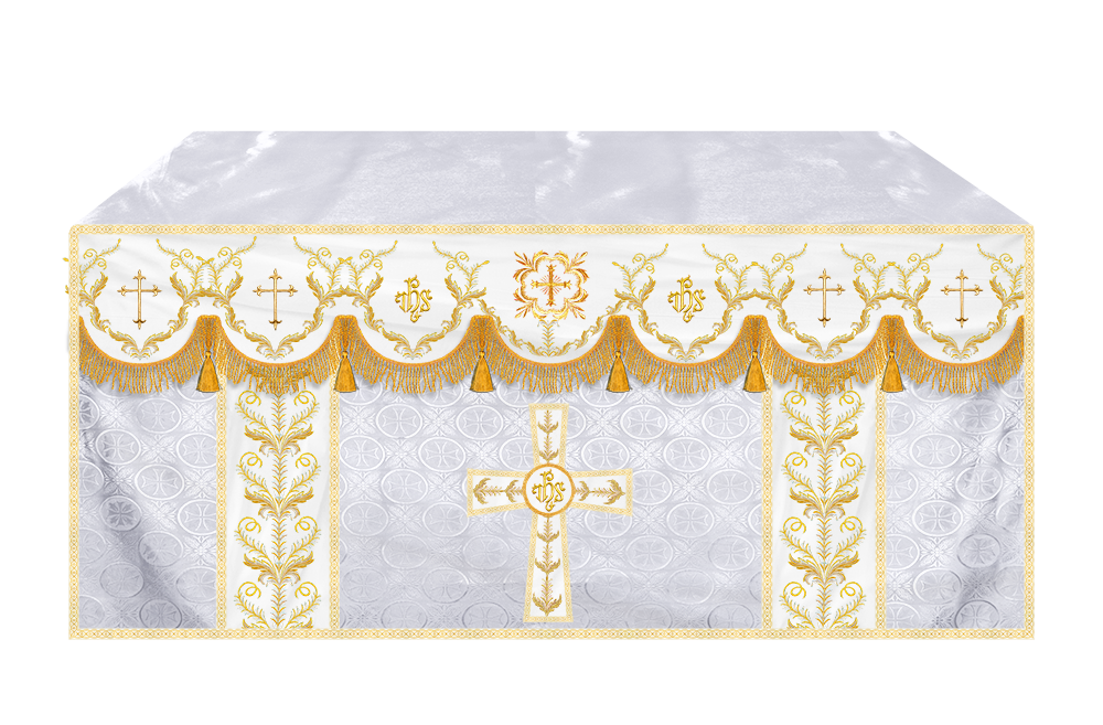 Altar Table Cloth with Fine Embroidered Trims & Spiritual Motifs