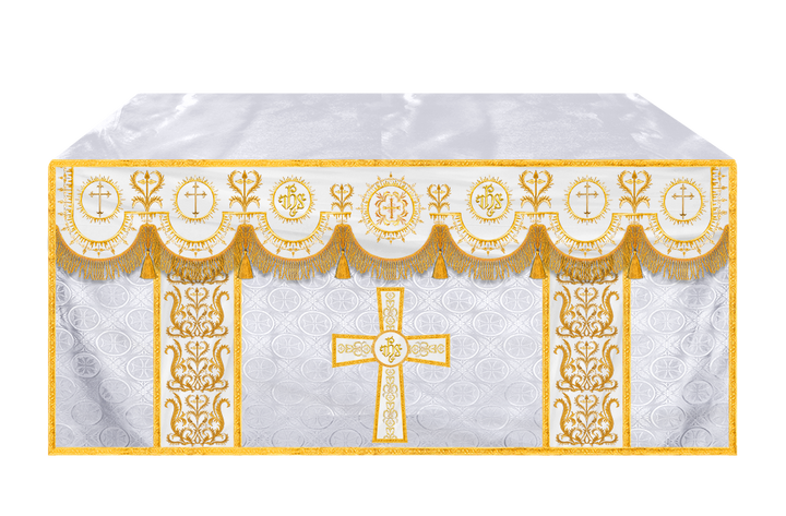 Traditional Altar Table Cloth with Ornate Motif and Embroidered Trims