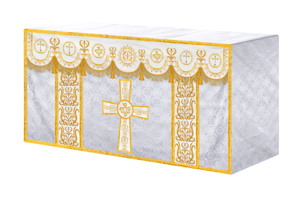 Traditional Altar Table Cloth with Ornate Motif and Embroidered Trims