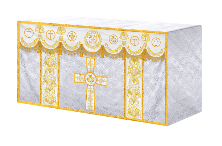 Traditional Altar Cloth Adorned with Embroidered Trims and Motif