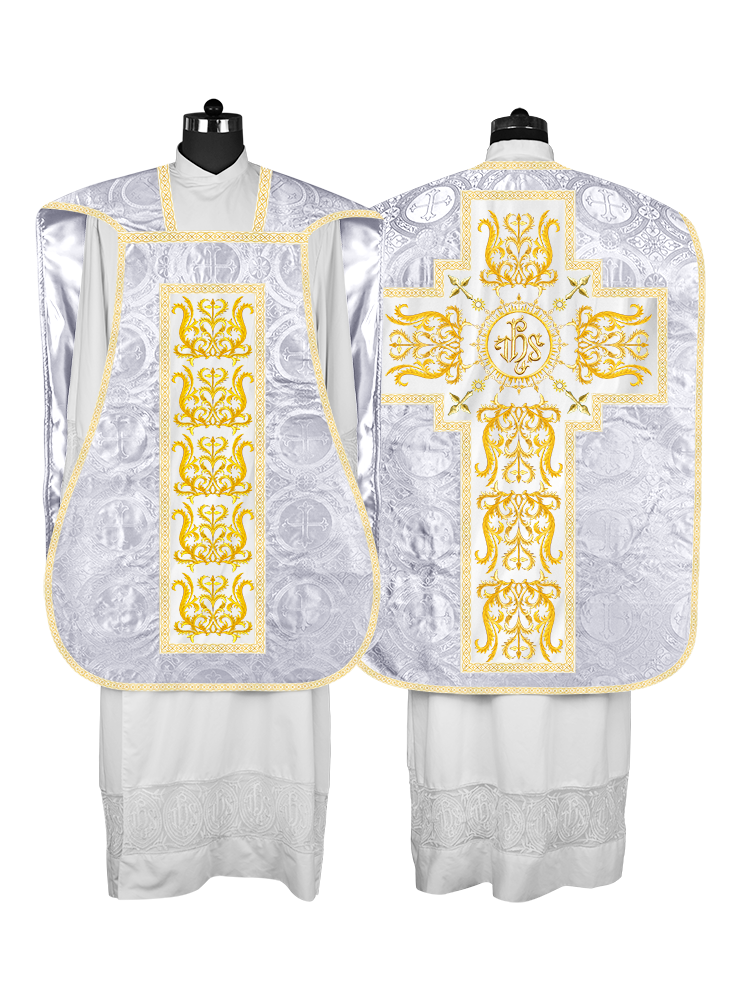 Liturgical Roman Chasuble Vestment With Spiritual Motifs and Trims