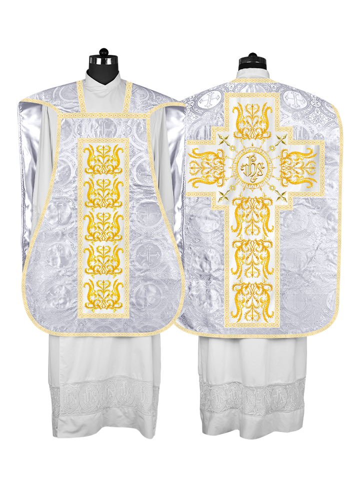 Liturgical Roman Chasuble Vestment With Spiritual Motifs and Trims