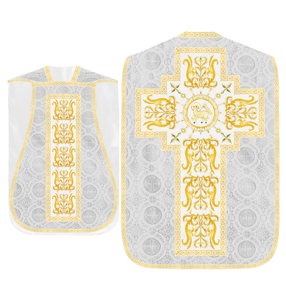 Liturgical Roman Chasuble Vestment With Spiritual Motifs and Trims