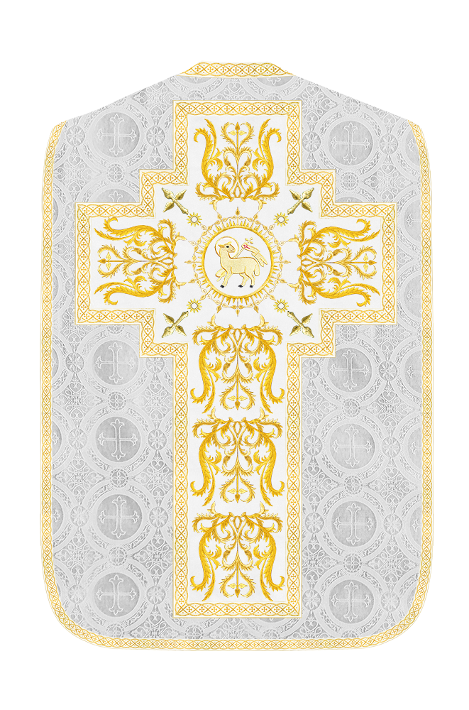 Liturgical Roman Chasuble Vestment With Spiritual Motifs and Trims