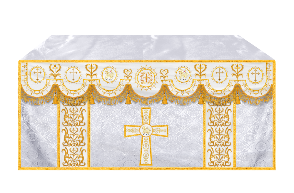 Traditional Altar Table Cloth with Ornate Motif and Embroidered Trims