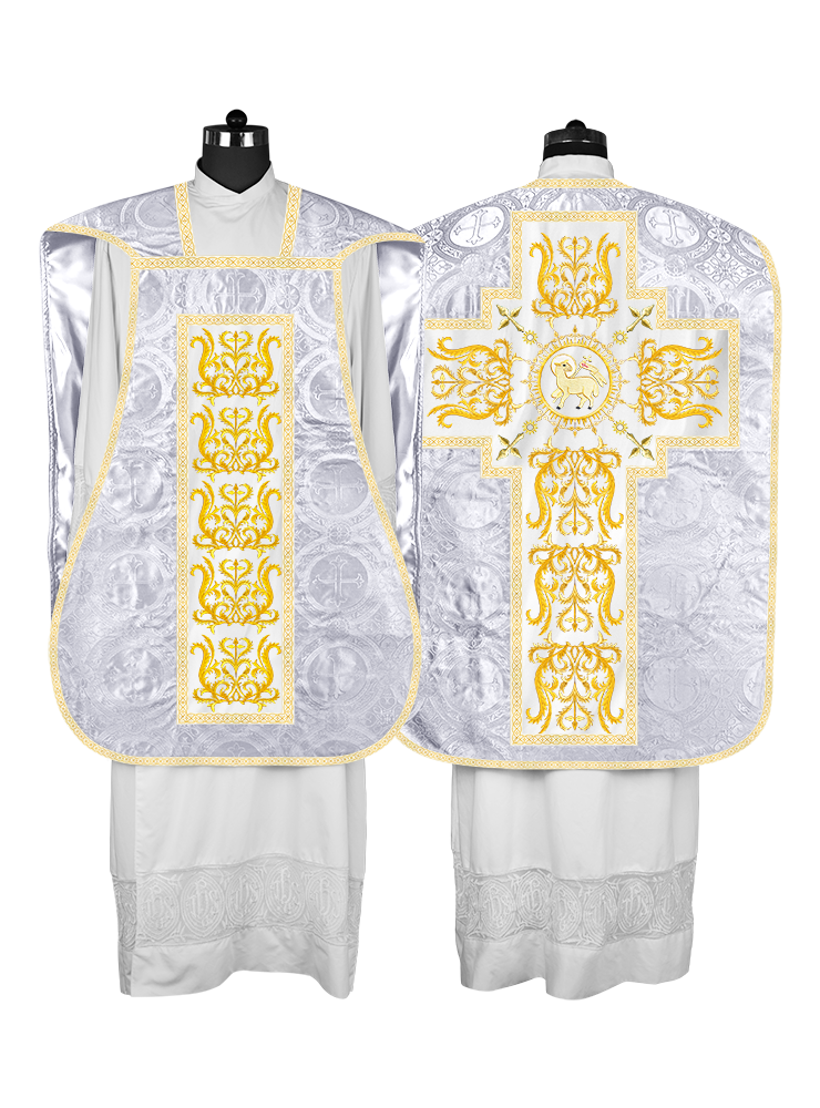 Liturgical Roman Chasuble Vestment With Spiritual Motifs and Trims