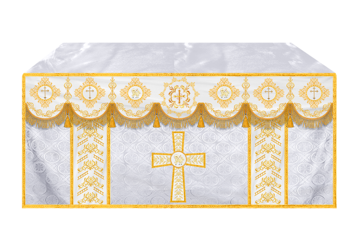 Embroidered Altar Cloth with Spiritual Motif and Braided Trims