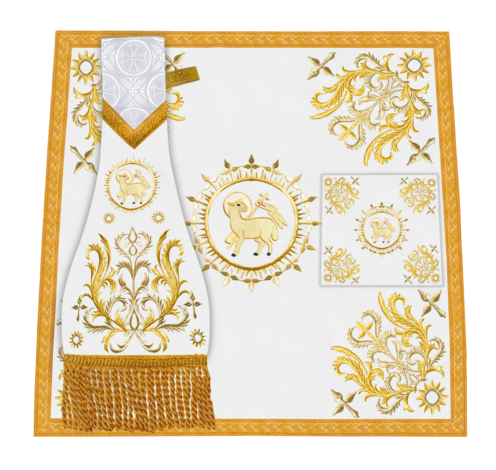 Traditional Altar Table Cloth with Ornate Motif and Embroidered Trims