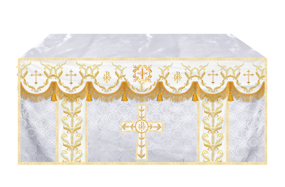 Altar Table Cloth with Fine Embroidered Trims & Spiritual Motifs