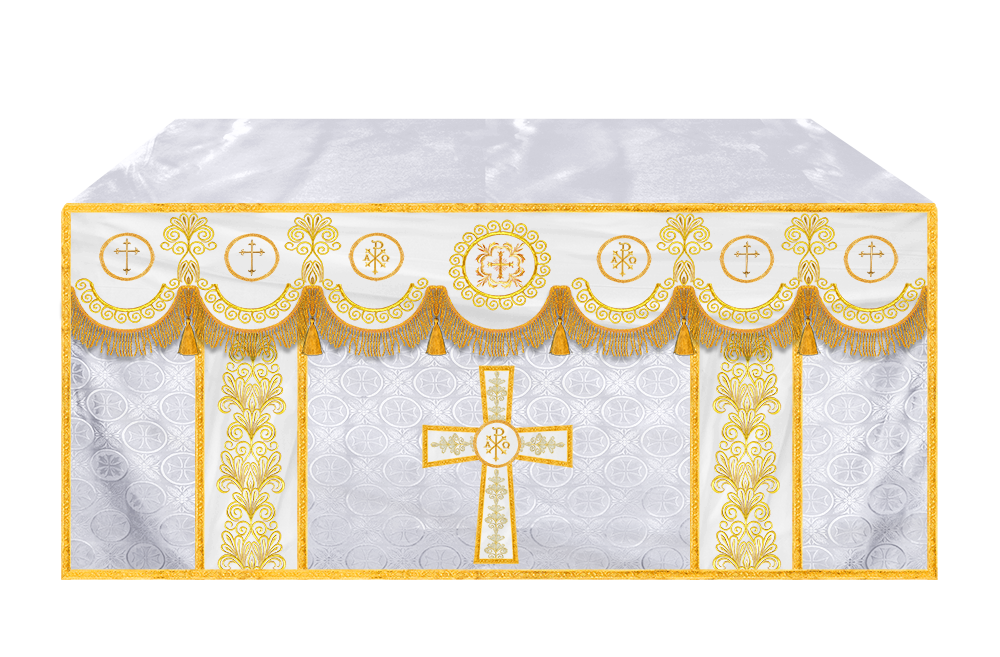 Traditional Altar Cloth Adorned with Embroidered Trims and Motif