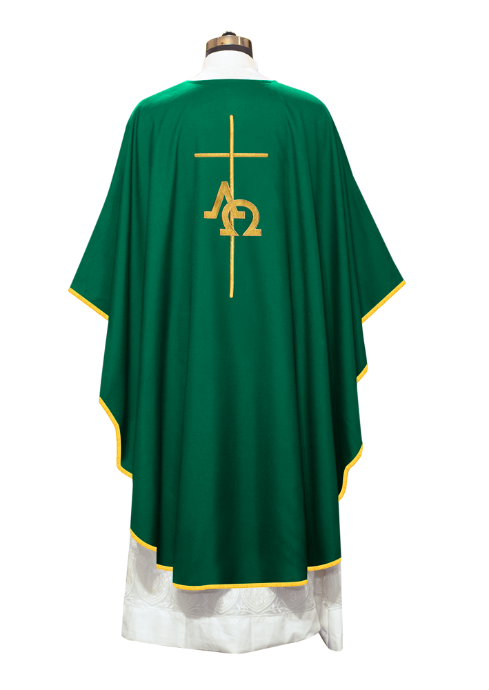 Gothic Chasuble Enhanced with Alpha and Omega with Cross Motif