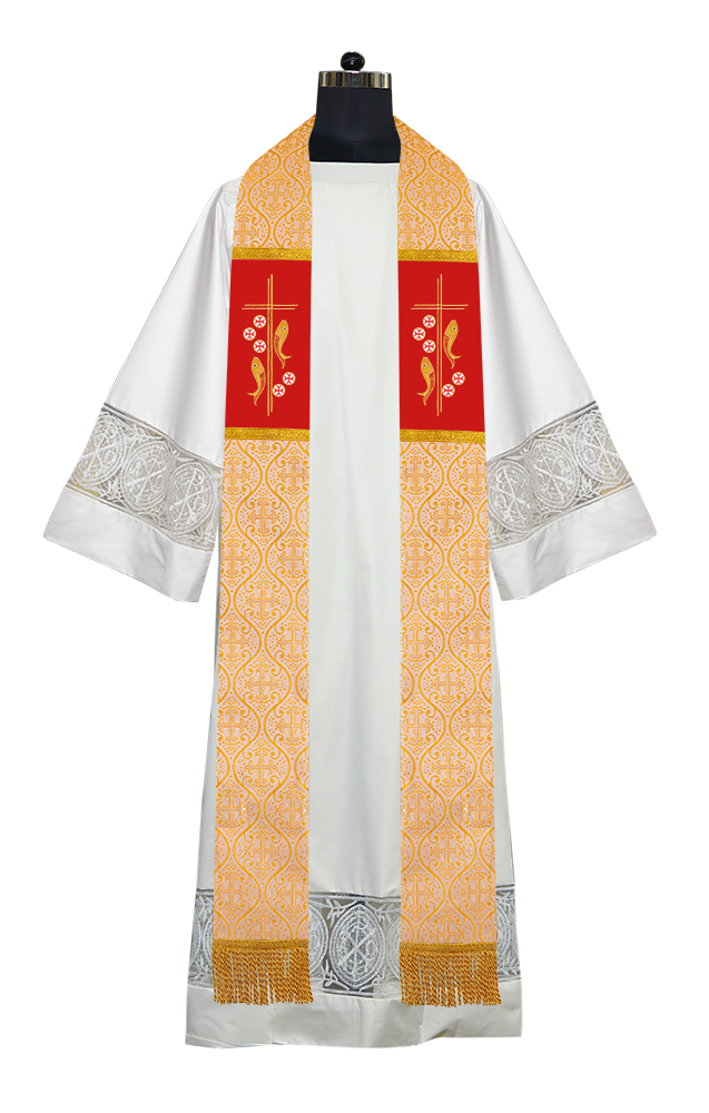 Catholic Priest Embroidered Clergy Stole with Fish and Spiritual Cross