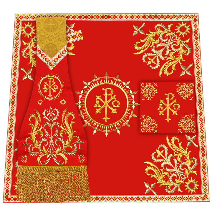 Liturgical Roman Chasuble Vestment With Spiritual Motifs and Trims
