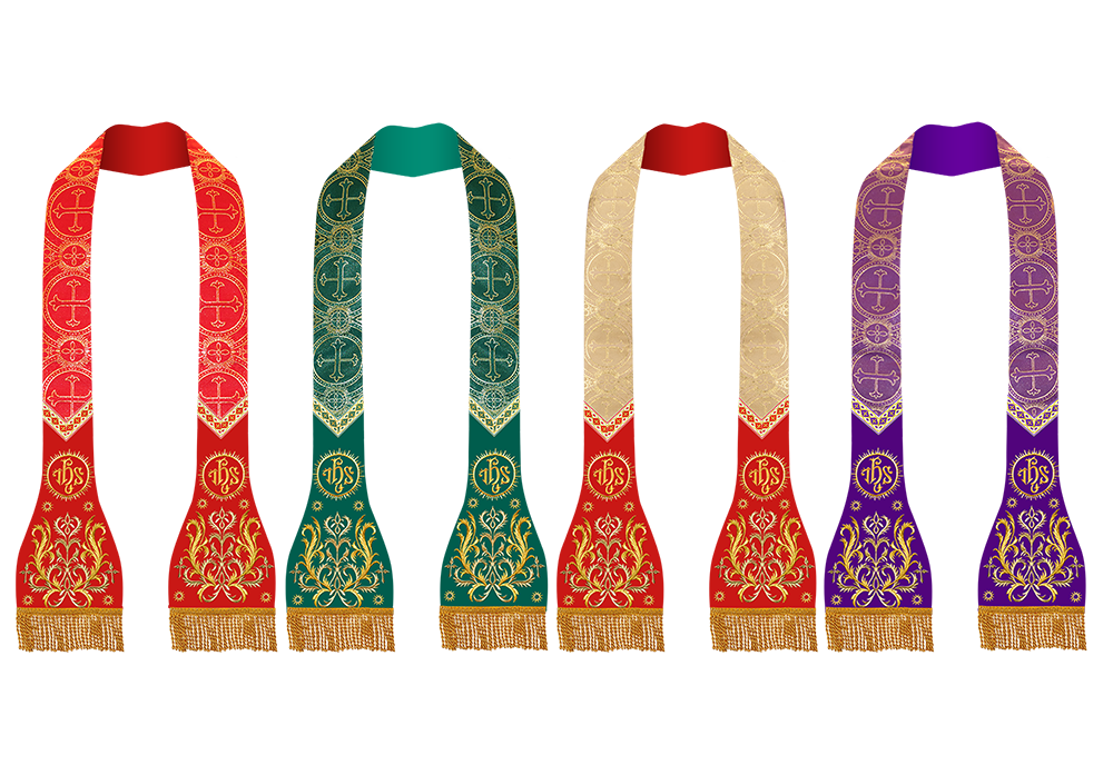 Set of Four Spiritual Roman Stole with Embroidered Motif and trims