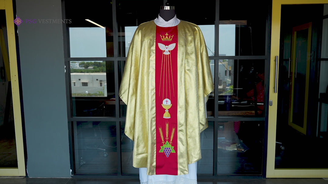 Intricate Gothic Chasuble Highlighting Crown, Holy Spirit and Grapes
