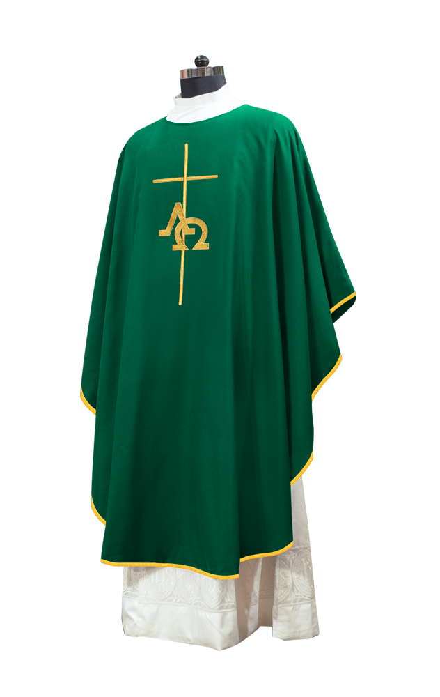 Gothic Chasuble Enhanced with Alpha and Omega with Cross Motif